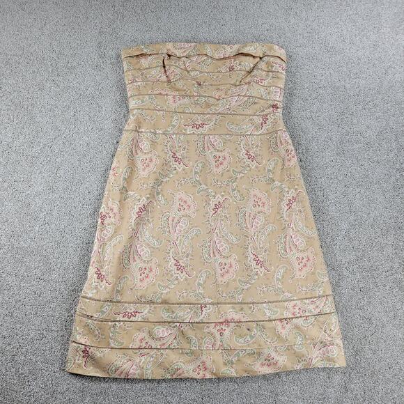 Kay Unger Womens Dress 8 Tan Satin Eyelet Strapless Paisley Print Side Zip Mini - Picture 1 of 12